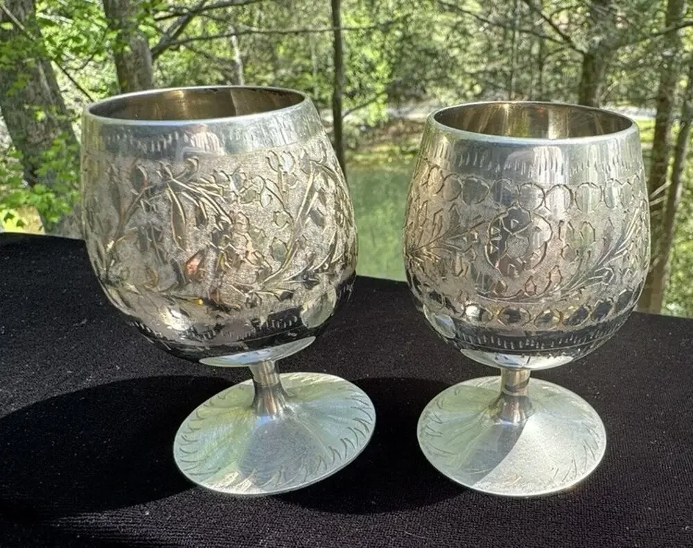2 Etched Silver Tone Goblets Cups India Wedding Celebration EUC -A50